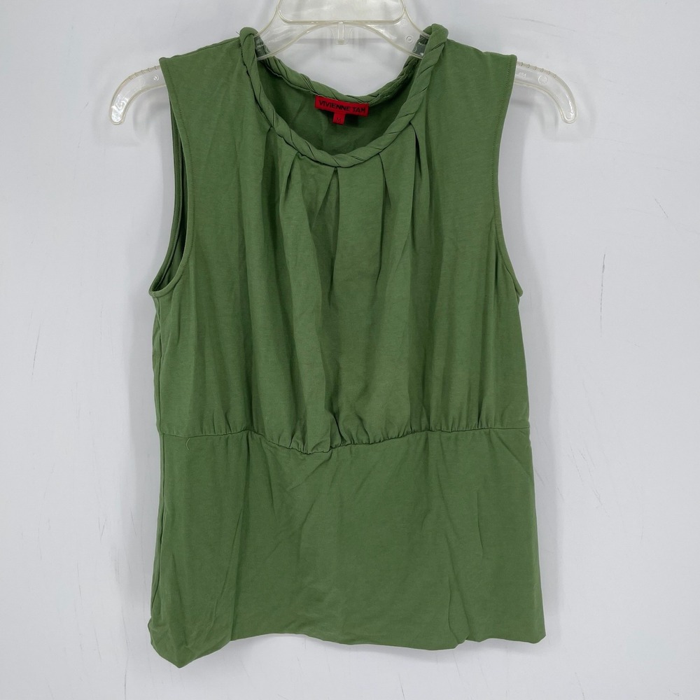 Vivienne Tam Women's Green Braided Neck Sleeveless Pleated Knit Tank Top Size M